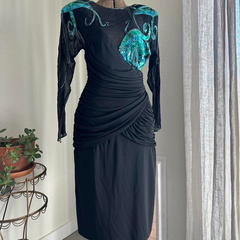 L.Magnin Womens 8 Dress Black Silk Beaded Evening Gown Teal Sequin Appliqué